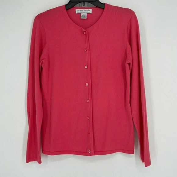 Sutton Studio Sweater Women's M Red Knit Full Button Crew Neck Stretch Cardigan - Picture 1 of 5